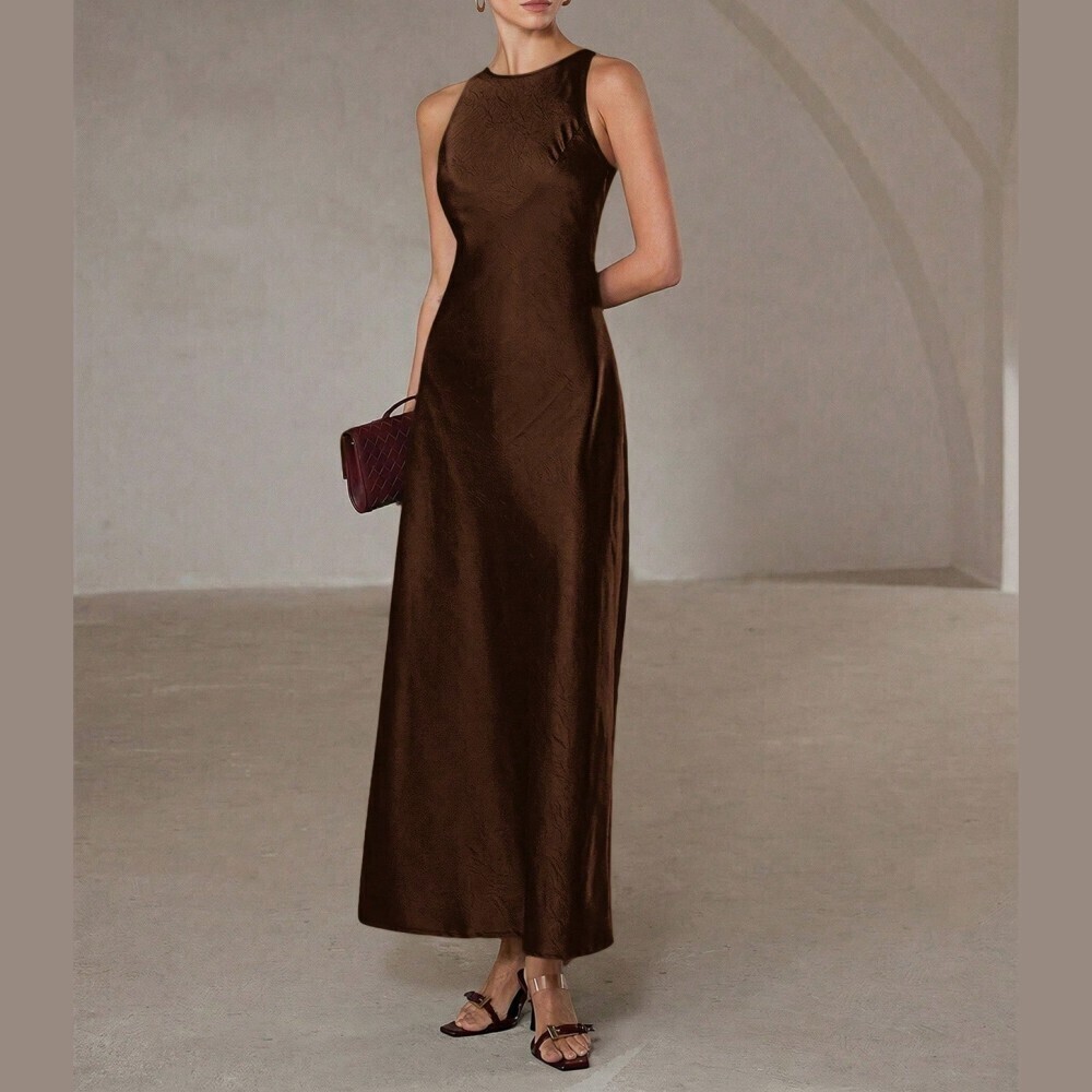Chocolate Brown Satin Racerback Maxi Dress - Picture 5 of 7